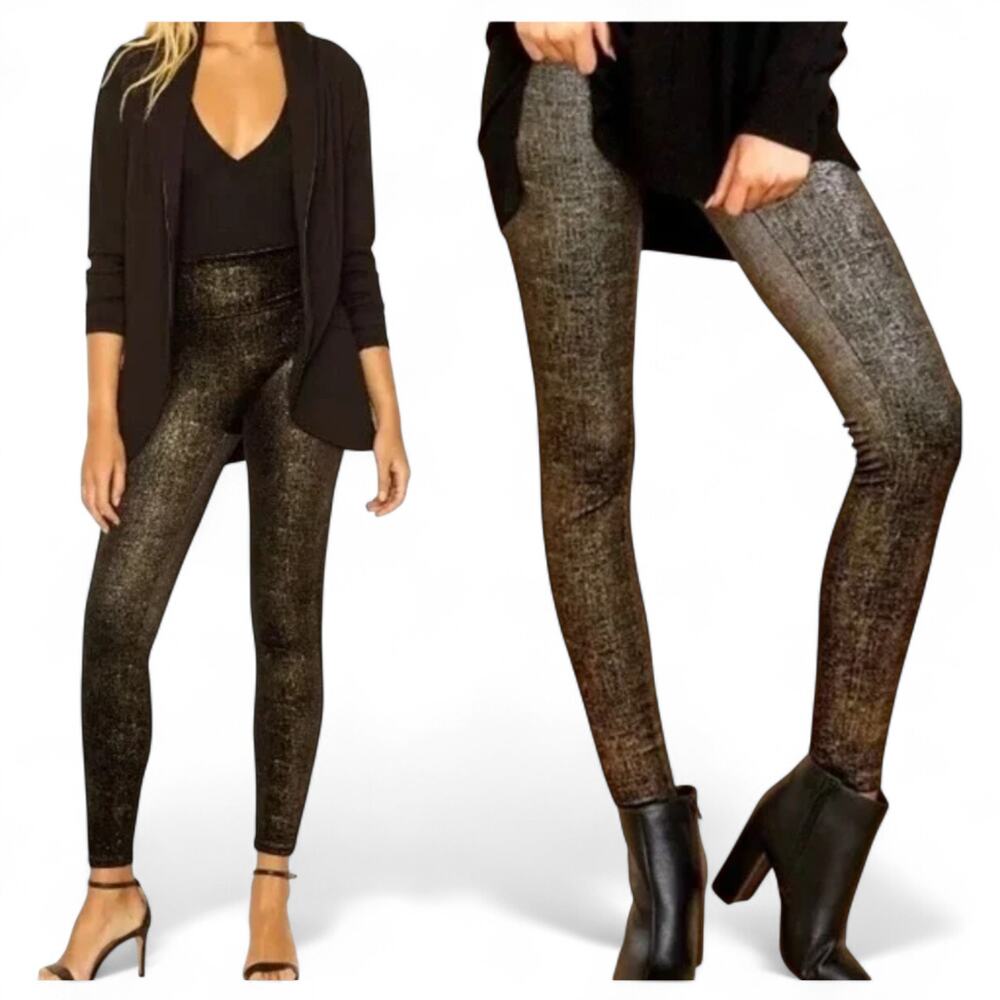 Spanx Velvet Shine Legging Black Gold Metallic Soft Shaping Size M 20188R - Picture 2 of 7